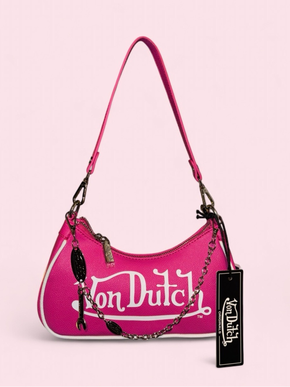 Von Dutch Hot Pink Logo Shoulder Bag with Chain Accent